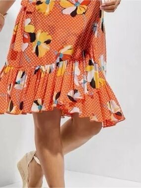 CABI Floral Polka Dot Mesh Ruffle Wrap Skirt Size L Knee Length